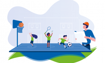 Illustratie van een sportveld met basketbal, tennis en voetbal