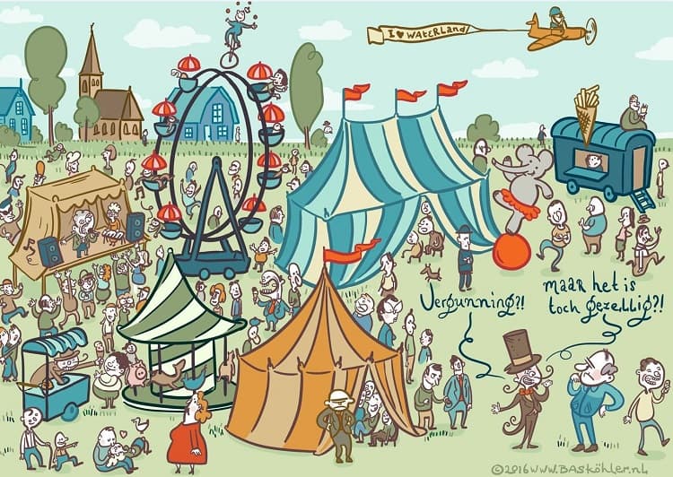 Cartoon van een festiviteit met markt, muziek, straattheater
